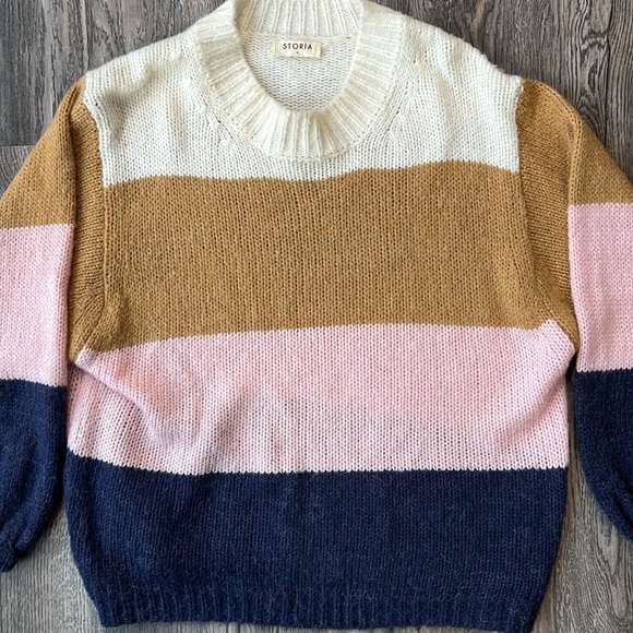 Storia Sweater Blue and Pink Striped Chunky Knit Sweater Size Small Oversized - Picture 6 of 10